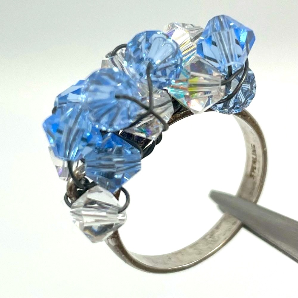 925 Sterling Silver Ring Blue White Swarovski Crystal Glass Handmade Elegant Sz6